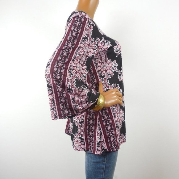 DRESSBARN Top L Tunic Blouse Red/Black Print Stretch V-Neck 3/4 Asymmetric Slvs - Picture 7 of 11